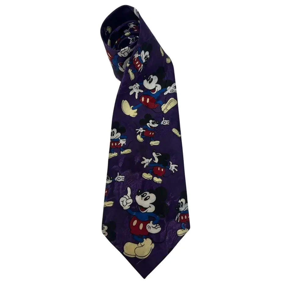 Vintage Disney Mickey Mouse Silk Tie Purple‎ All Over Print Made Korea